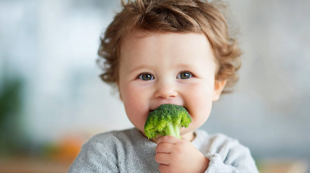 A small child eating broccoli. Agriculture and healthy food concept. World Vegan Dayの素材
