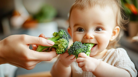 A small child eating broccoli. Agriculture and healthy food concept. World Vegan Dayの素材