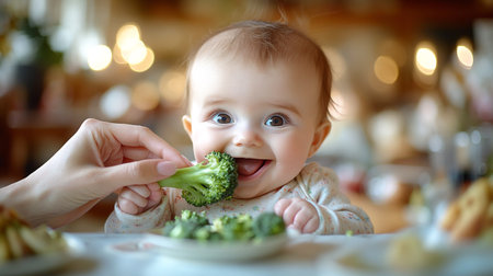 A small child eating broccoli. Agriculture and healthy food concept. World Vegan Dayの素材