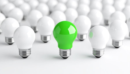 Green and white light bulbs on white background. Technology and ecology conceptの素材