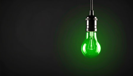 Green light bulb on dark background. Technology and ecology conceptの素材