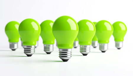 Green light bulbs on white background. Technology and ecology conceptの素材