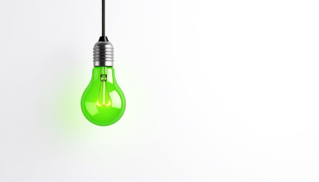 Green light bulbs on white background. Technology and ecology conceptの素材