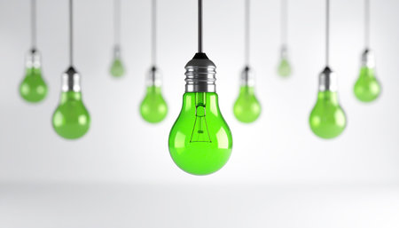 Green light bulbs on white background. Technology and ecology conceptの素材