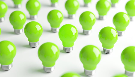 Green light bulbs on white background. Technology and ecology conceptの素材