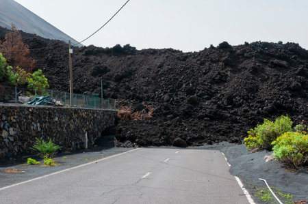 Solidified volcanic lava stream from the Cumbre Vieja volcano on the island of La Palmaの写真素材