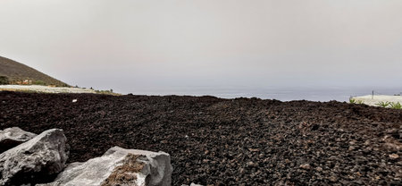 Solidified volcanic lava stream from the Cumbre Vieja volcano on the island of La Palmaの写真素材