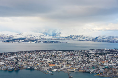Scenic winter landscape with snow and ice in Tromso, Norwayの写真素材