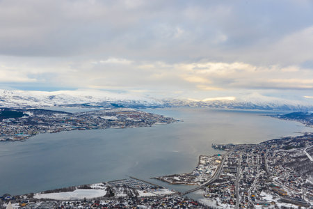 Scenic winter landscape with snow and ice in Tromso, Norwayの写真素材