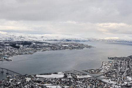 Scenic winter landscape with snow and ice in Tromso, Norwayの写真素材