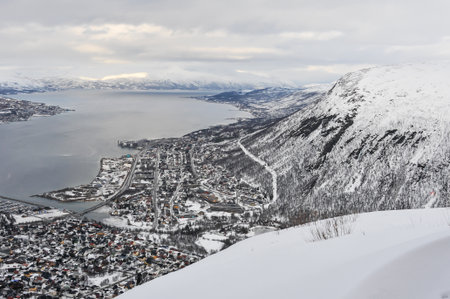 Scenic winter landscape with snow and ice in Tromso, Norwayの写真素材