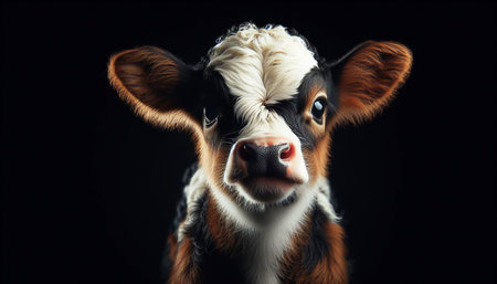 Small cow isolated on black background with studio lightingの素材