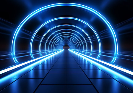 Tunnel with blue glowing neon lights. Technology conceptの素材