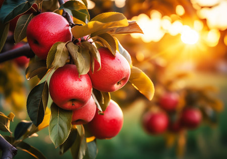 Juicy apples hanging from a tree branch in the orchard on a sunny day. Agriculture and rural landscapeの素材