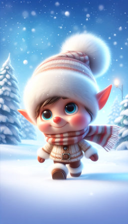 Adorable 3D cute elf cartoon on snowy landscape. Christmas timeの素材