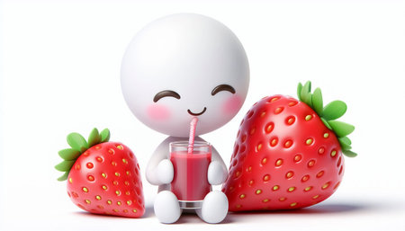 3D white figure cartoon drinking strawberry juice on a white backgroundの素材