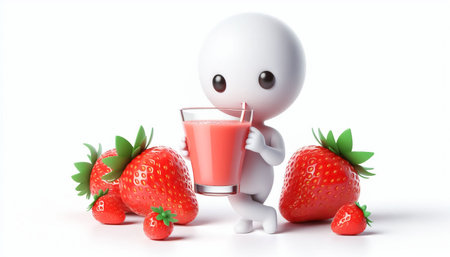 3D white figure cartoon drinking strawberry juice on a white backgroundの素材