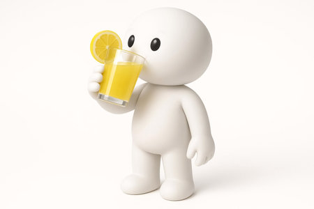 3D white figure cartoon drinking lemon juice on a white backgroundの素材