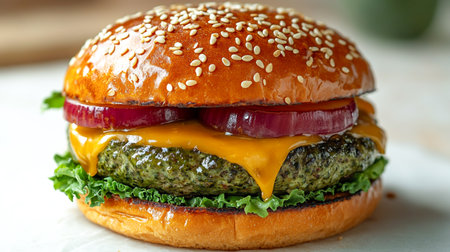Hamburger with melted cheese and sesame seed bunの素材