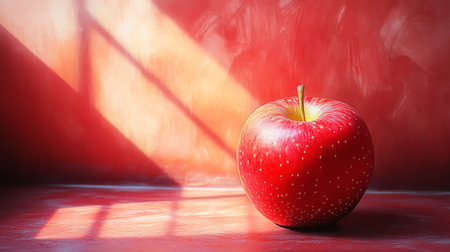 Red apple isolated on red background illuminated by natural lightの素材