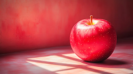 Red apple isolated on red background illuminated by natural lightの素材