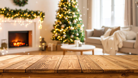 Christmas background with a wooden table for presenting Christmas products. Concept mockupの素材