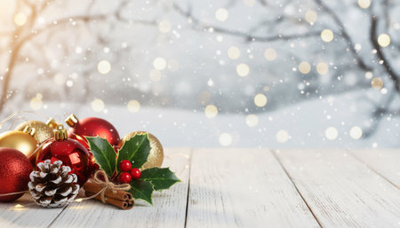 Festive Christmas ornaments on a snowy winter backgroundの素材