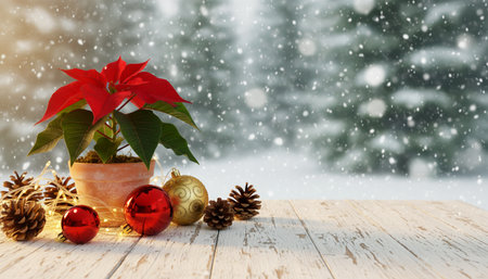 Festive Christmas ornaments on a snowy winter backgroundの素材