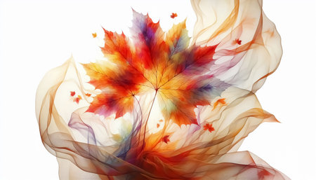 Abstract leaves with golden autumn colors represented by soft silk floating gently in the backgroundの素材