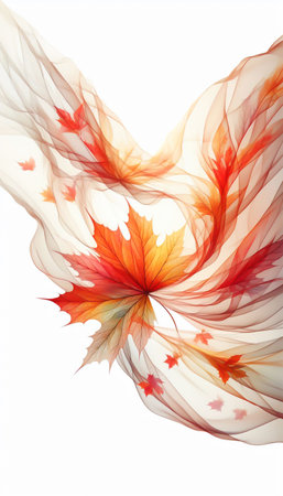 Abstract leaves with golden autumn colors represented by soft silk floating gently in the backgroundの素材