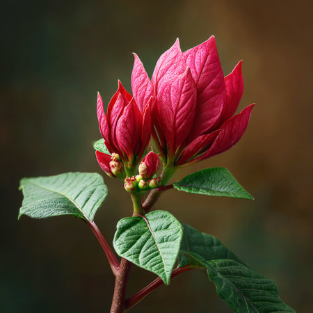 Red poinsettia bud blooming. Christmas flowerの素材