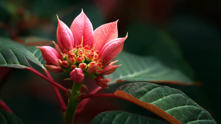 Red poinsettia bud blooming. Christmas flowerの素材