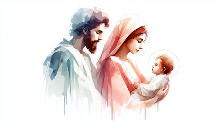Abstract watercolor Holy Family illustration. Christmas celebration timeの素材