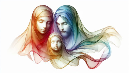 Abstract Holy Family represented by soft silk floating gently in the background. Christmas timeの素材