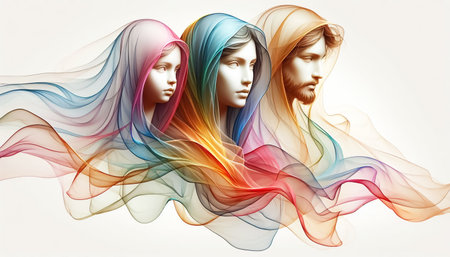 Abstract Holy Family represented by soft silk floating gently in the background. Christmas timeの素材