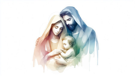 Abstract watercolor Holy Family illustration. Christmas celebration timeの素材