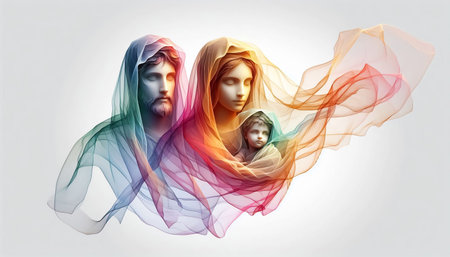 Abstract Holy Family represented by soft silk floating gently in the background. Christmas timeの素材