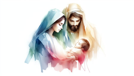 Abstract watercolor Holy Family illustration. Christmas celebration timeの素材