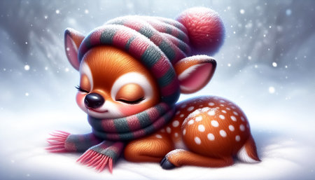 Funny 3D adorable cartoon deer sleeping in a snowy landscapeの素材