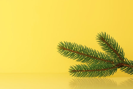 Christmas pine branch on yellow background with free space for textの素材
