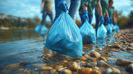 A group of people cleaning the riverbank of polluting waste. Preservation of the environment and ecosystemsの素材