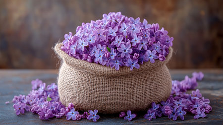 Lilac flowers in a burlap bag on a wooden backgroundの素材