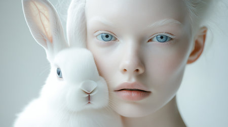 beautiful albino girl with white rabbit on grey background, close-upの素材