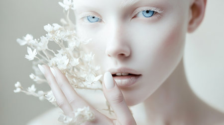 Closeup portrait of beautiful young albino  woman with blue eyes and white flowersの素材