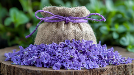 Lilac flowers in a burlap bag on a wooden backgroundの素材