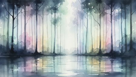 Watercolor of enchanted forest with shimmering reflections and ethereal colorsの素材