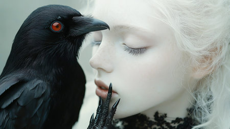 Albino girl with a black raven in her hands, close-upの素材