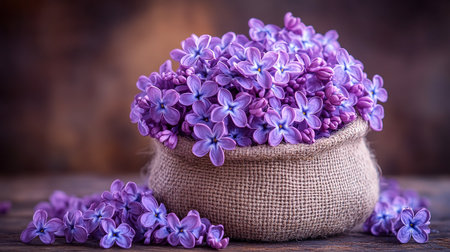 Lilac flowers in a burlap bag on a wooden backgroundの素材
