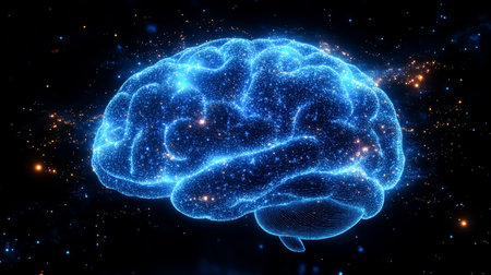 Human brain with glowing lines and particles on black background. 3D renderingの素材