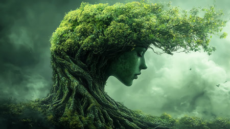 Surreal digital art of an ethereal tree woman whose hair is branches and foliage. Concept of connection with natureの素材